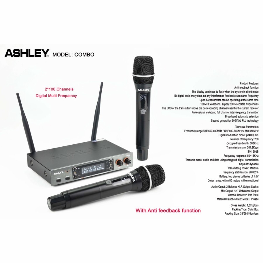 Microphone - Mic Wireless ASHLEY COMBO ORIGINAL Dual Mic Handle Original