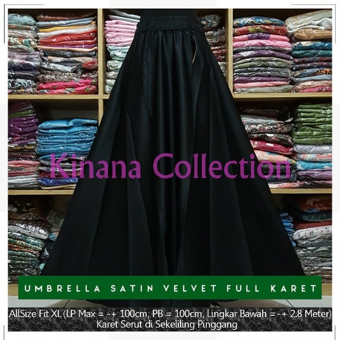 Rok Payung Satin Velvet Karet Lebar Polos Panjang Maxi Skirt Hitam