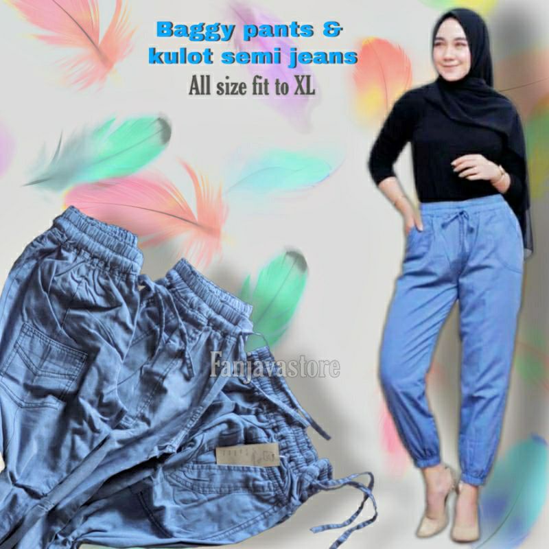 Celana Panjang Wanita Bahan Semi Jeans  Fit To xl 45-58kg Baggy Pants Kulot Jogger