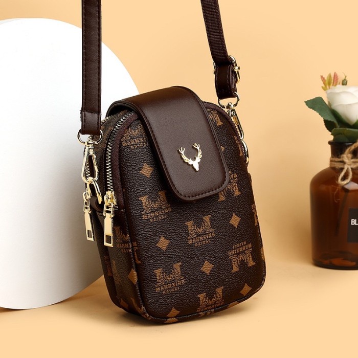 tas hp wanita selempang Tas Selempang Kulit Wanita Dompet Hp Cewek Mini Sling Bag MK 8095 - Cokelat 