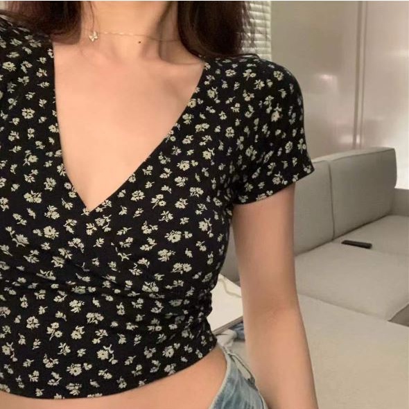 RSB BJ091 Baju Wanita Motif Bunga Crop Top Atasan Korean Sexy Lengan Pendek