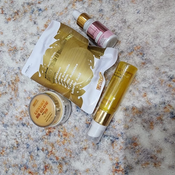 PAKET BB GLOW LUXURY SPF 50+, SERUM PROPOLIS, BODY SERUM PEELING WHITE & PAKET BAR SOAP LUXURY WHITE