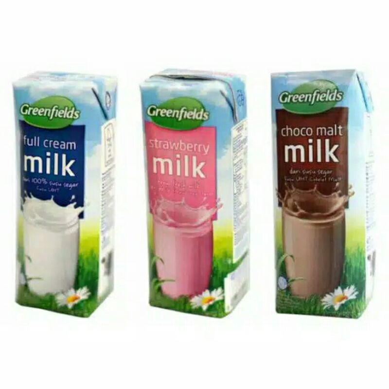 

Susu UHT Green fields Full Cream, Choco Malt dan Strawberry