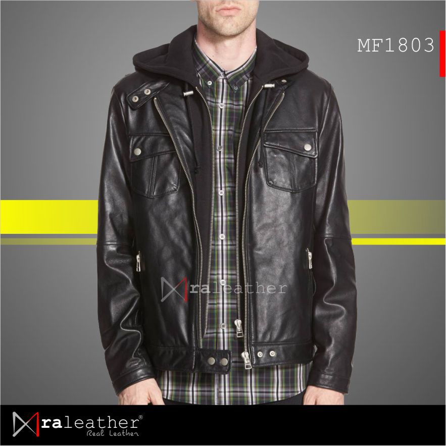 Jaket Kulit Pria Removable Hoodie RA Leather Original - MF1803