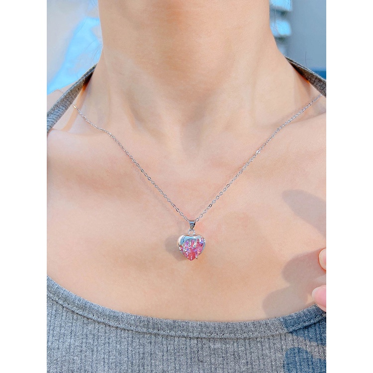 Kalung 925 Silver Bentuk Hati Aksen Berlian Warna Pink Untuk Wanita