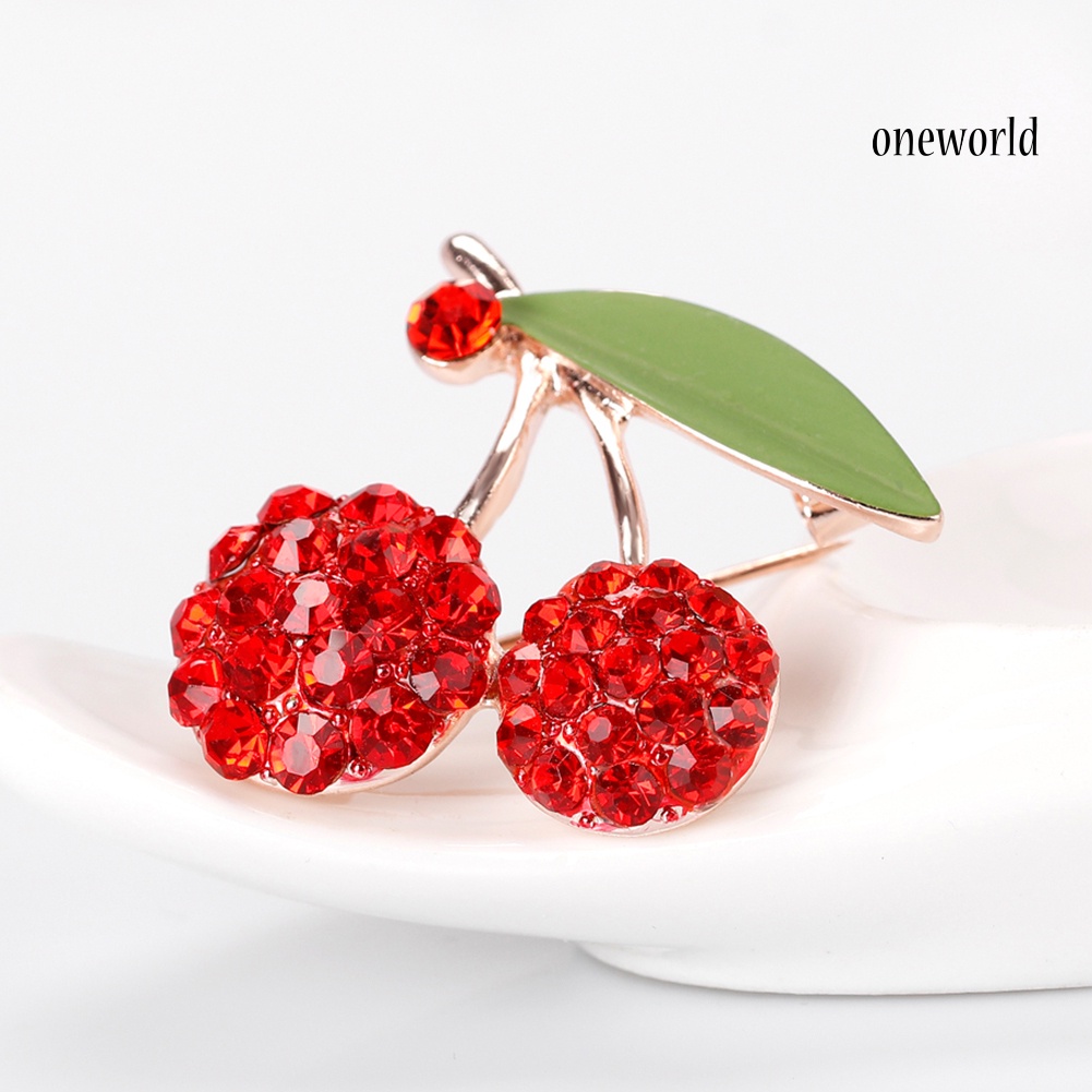 OW@ Women's Gorgeous Cute Red Rhinestone Cherry Leaf Fruit Brooch Pin Accessory