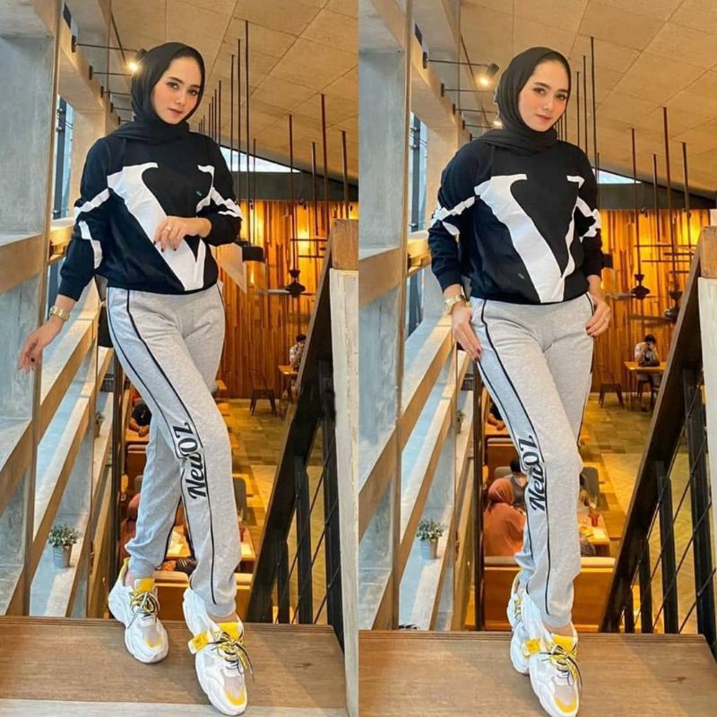 Baju Setelan Training Olahraga Senam Wanita List Merah Putih Jumbo XL Terbaru Termurah Terkini