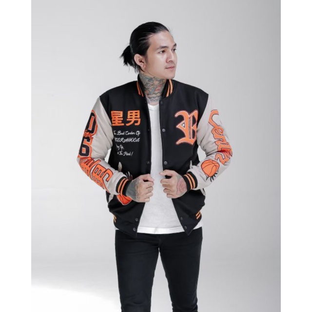Jaket Varsity Center X-07 Full Fleece Original BGSR Hitam Kombinasi Putih
