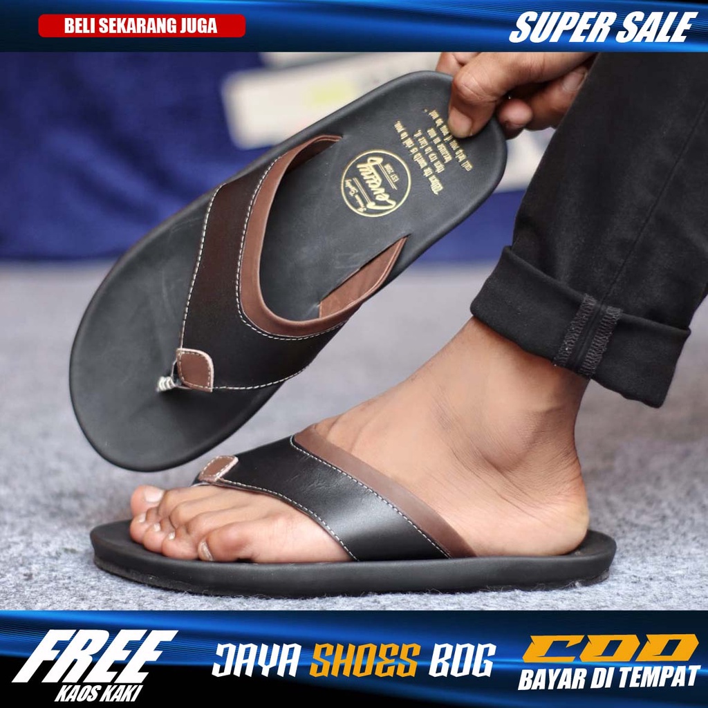 LIGTHT|Sandal Kulit Jepit Pria Santai Kekinian Traveling Cowok Hitam Coklat Murah Asli Original