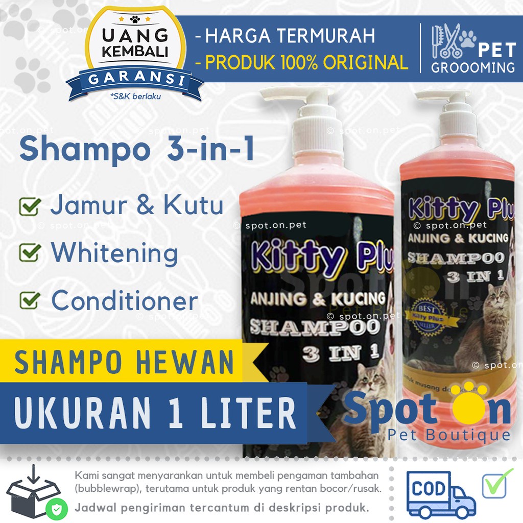 Shampo Hewan 3 in 1 Jumbo 1L Kitty Plus | Shampoo Jamur Kutu Conditioner Whitening Kucing Anjing