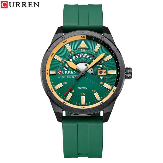 CURREN 8421 Jam Tangan Pria Analog Tali Silicone Chronograph Aktif CURRENOS-Hijau
