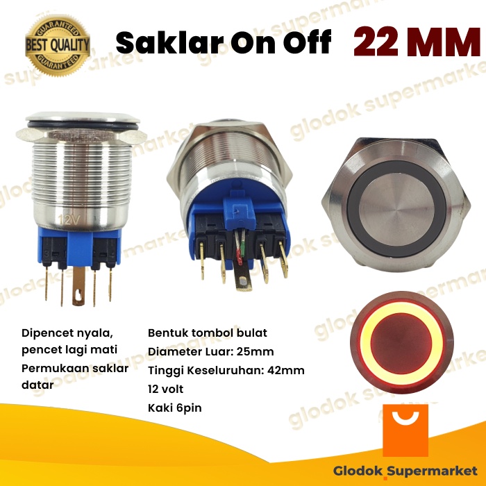 Switch Metal 22mm Push On Off Lampu 2 warna 6 Pin Saklar Stainless 22 mm LED Tombol Self Locking 12V Yijia