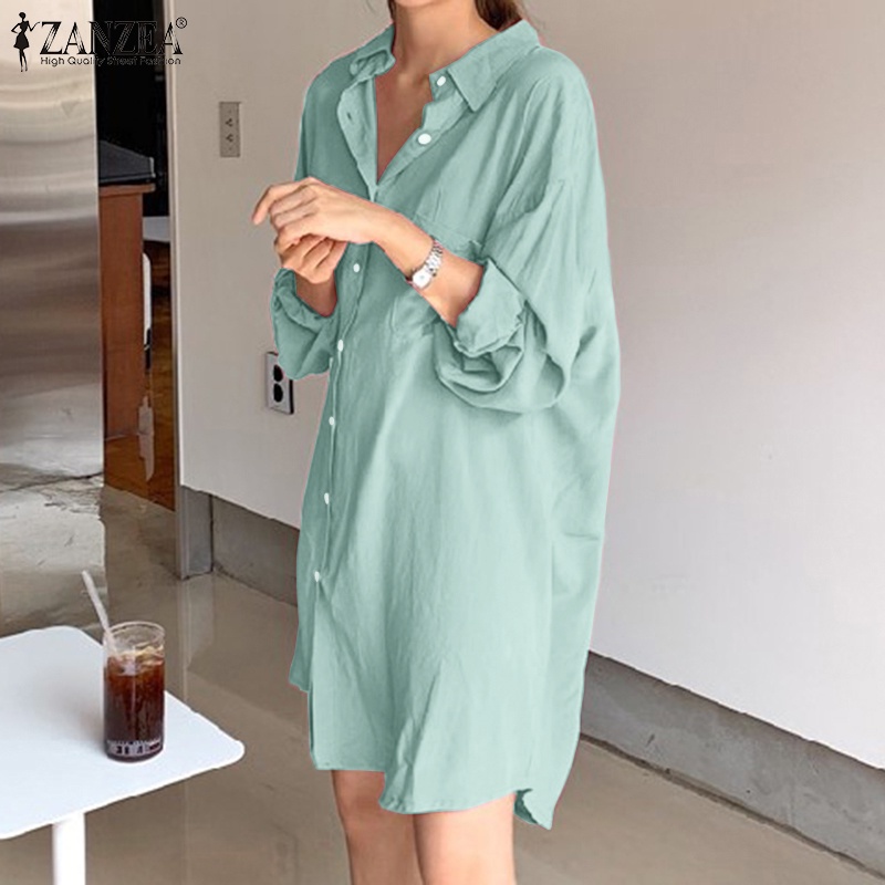 ZANZEA Women Fashion Turn-down Collar Long Sleeve Casual Shirts Loose Plain Blouse