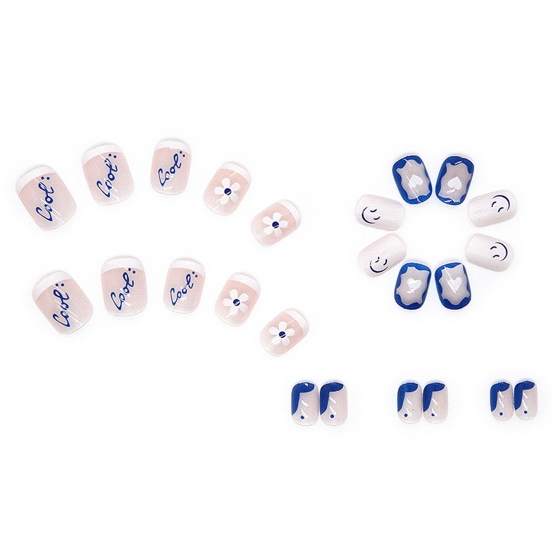 24pcs / box Kuku Palsu Bentuk Persegi Motif Bunga / Smiley Face Warna Biru / Putih