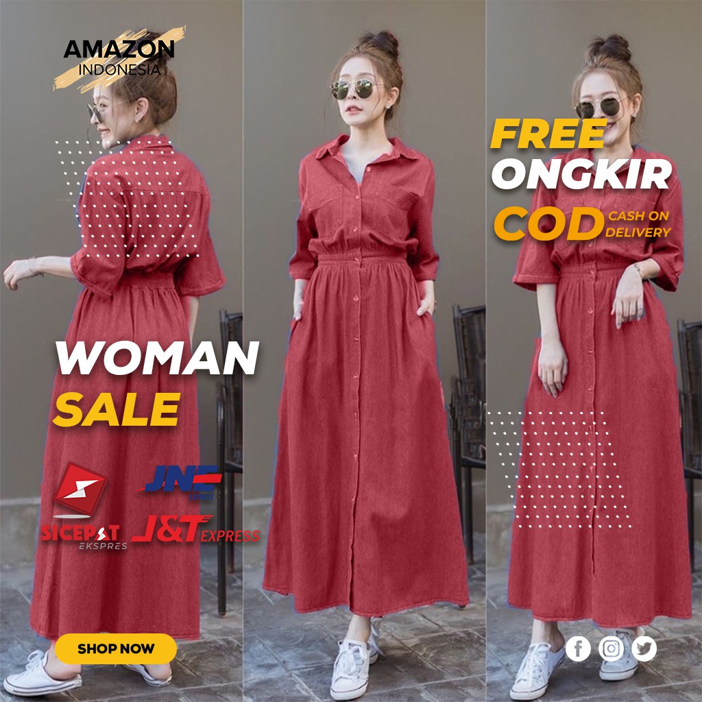 BAJU GAMIS JEANS WANITA DRESS PEREMPUAN CEWEK BAHAN DENIM SUPERNOVA WARNA MAROON MERAH TUA