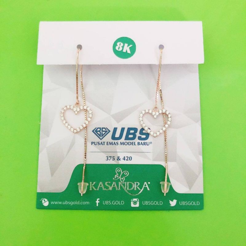 Anting panjang bulat love lubang mata kuning dan putih UBS kadar 375 8K