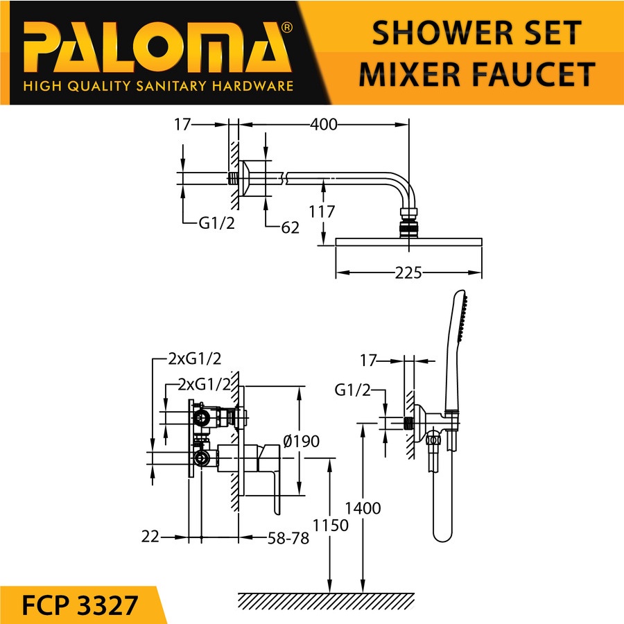 PALOMA FCP 3327 Keran Mixer Shower Tanam Set Dinding Tembok Kran Air