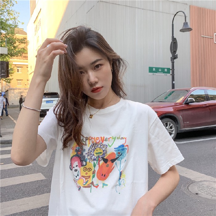 6535 Kaos  T shirt Wanita  Lengan Pendek Dengan Bahan  Katun 