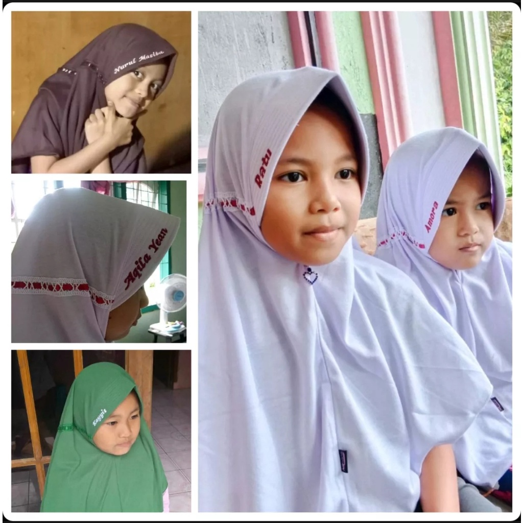 HIJAB KERUDUNG ANAK SEKOLAH PITA SERUT FREE BORDIR NAMA SUKA SUKA TK SD SMP