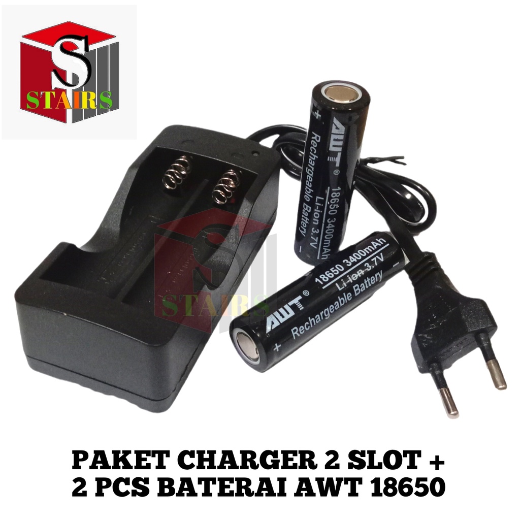 Paket Charger 2 Slot + 2 Pcs Baterai Li-ion AWT 18650 3400mAh 3.7V Warna Hitam