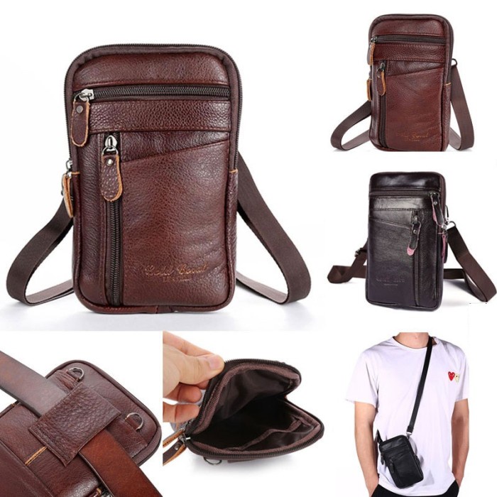 Tas Dompet Selempang Pinggang Slingbag HP Smartphone Gadget Kulit Sapi Asli Pria gadget Sedang Kecil Praktis