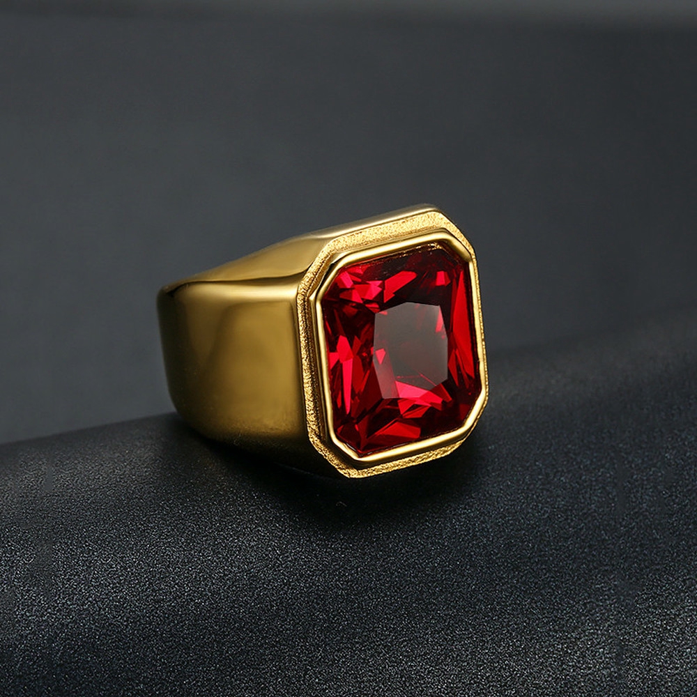 Cincin Permata Kristal Merah Biru Baja Titanium Emas Rubi Safir Fashion Wanita Pria Gold Rings