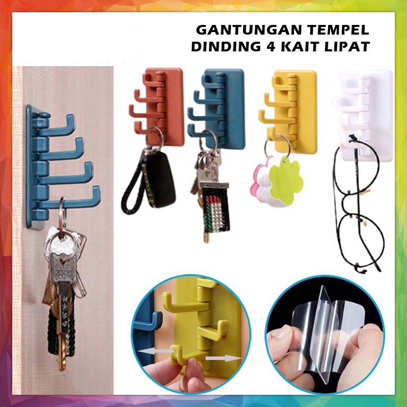 Gantungan Tempel Dinding 4 Kait Lipat / Gantungan Baju Tas Kunci Peralatan Dapur Ruang Tamu / Cantelan Hook Dinding Kamar Mandi