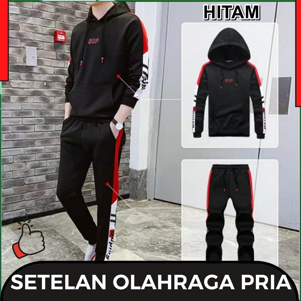 Setelan Baju olahraga pria dewasa sport keren set pakaian outdoor lari warna hitam jaket hoodie dan 