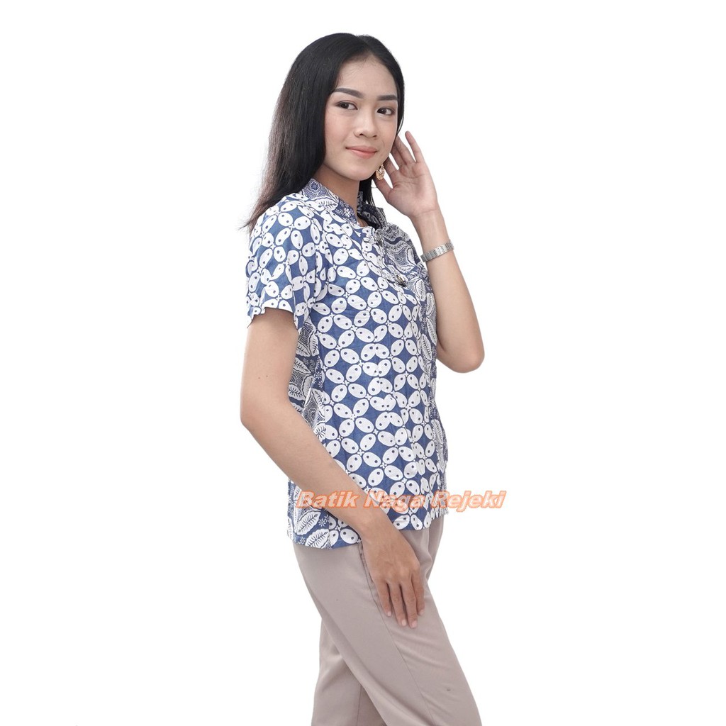 Atasan Batik Wanita Blouse Indigo Kawung S-M-L-XL-XXL-3L-4L-5L MONOCROME-1