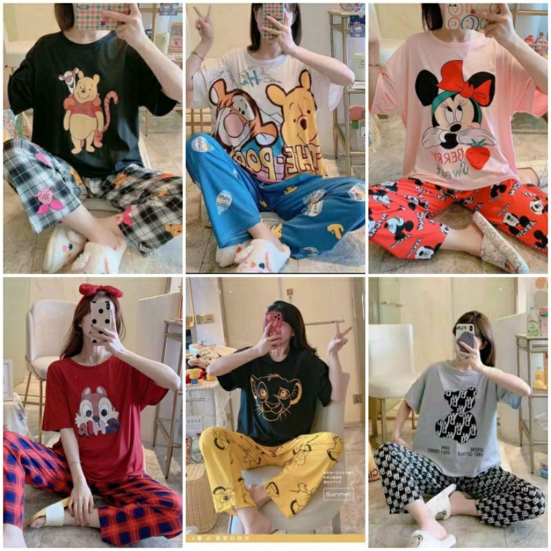 Piyama Import Wanita Korea Baju Tidur CP Leisure Kartun Micky Snoopy Pooh