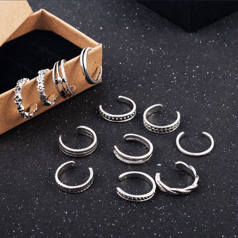 7pcs / Set Cincin Jari Kaki Model Terbuka Dapat Disesuaikan Desain Ukiran Bulan Bintang Gaya Retro Bohemian Vintage Untuk Wanita