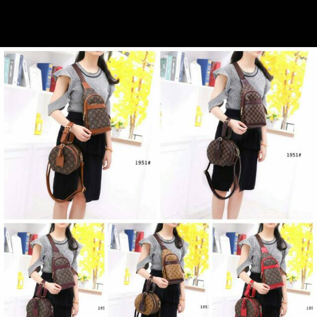 Tas LV 1951 Set
Selempang 18x5x30cm
Bulat 18x11x17Cm
Kwalitas : Semipremium