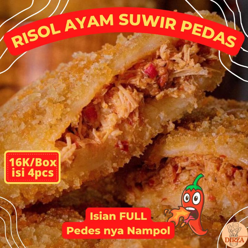 

Risol Ayam Suwir Pedas isi 4pcs Ukuran Jumbo isian Full Ayam Pedas (Kemasan Frozen)