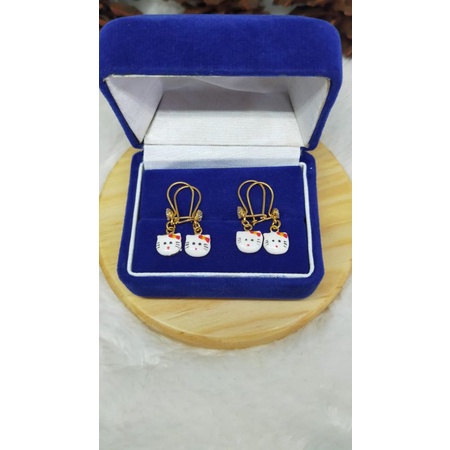 Anting Gantung Hello Kitty cat, Perak 925, Sepuh Emas Kuning