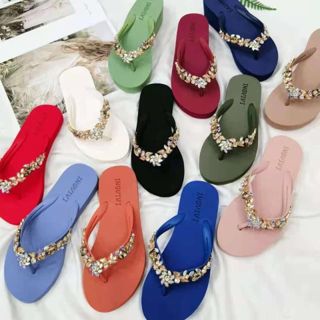 Ingvivi Flower Swarovski Sandal Wanita Wedges Import Terbaru Korea Jepit Tinggi 5cm