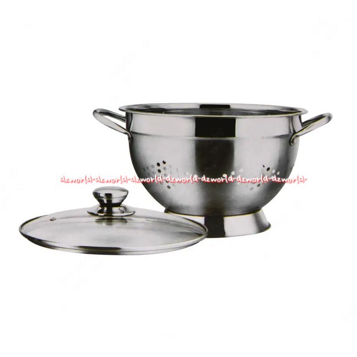 Krischeff Stainless Colander With Glass Lid 26cm Wadah Tempat Nasi