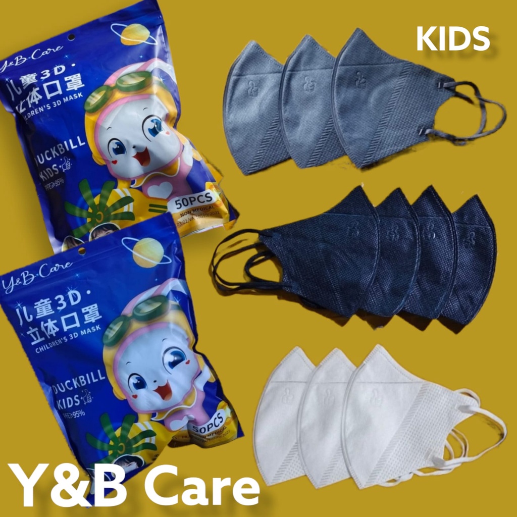 YB KIDS DUCKBILL GARIS ISI 50 PC - MASKER DUCKBILL Y&amp;B CARE ANAK EMBOS THUMB JEMPOL KOREAN BRANCH 3PLY KEMENKES PUTIH HITAM ABU WARNA