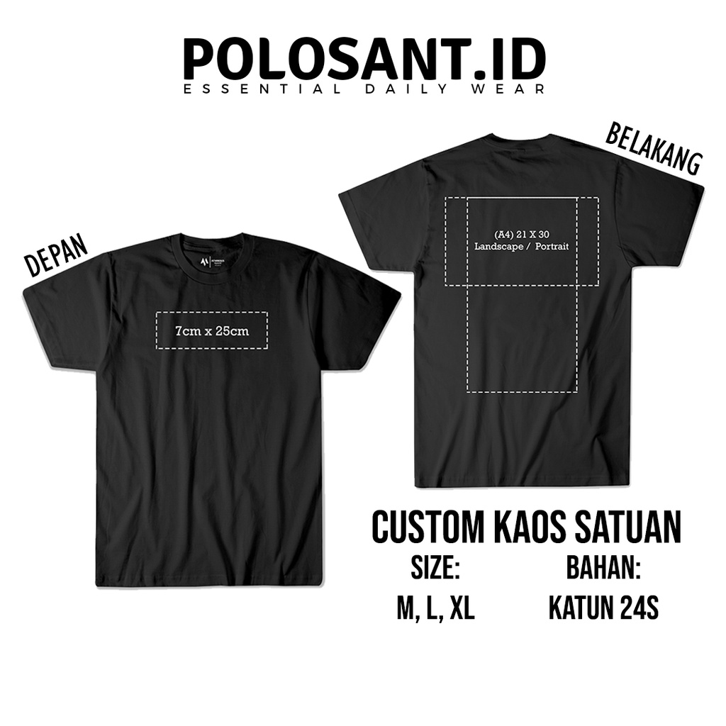 [BISA COD] Custom Kaos Satuan Depan Belakang / Tulisan Bebas / Sablon Kaos DTF Logo Kata + Gambar A4 - POLOSANT.ID