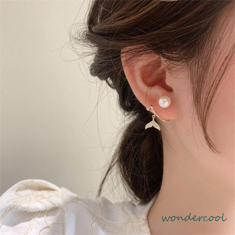 Pearl Fishtail Back Hanging Earrings Wanita High-end Cahaya Mewah Penuh Berlian Anting Geometris-Won