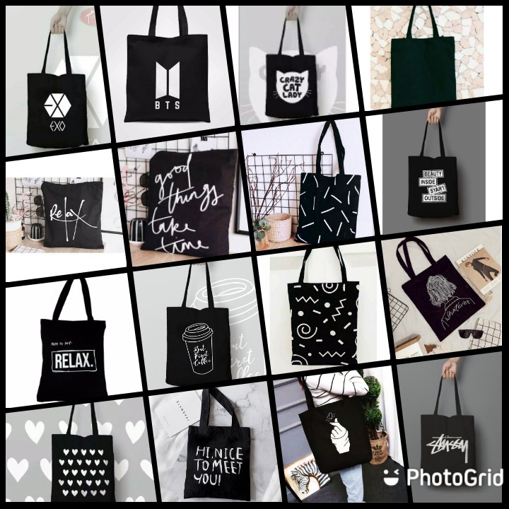 GROSIR (RESLETING) BISA COD TOTEBAG / TOTE BAG QUOTE KOPI RELAX LOVE GARIS