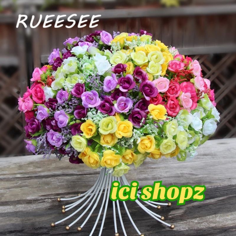 (21 kuntum) AF10a Bunga mawar mini babysbreath tangkai hijau rose Silk Flower / Mawar 21 kuntum / Bu