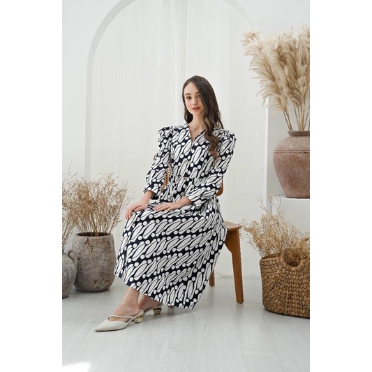 Dress Batik 258 AON Navy/ Dress Batik Panjang/ Gamis Batik