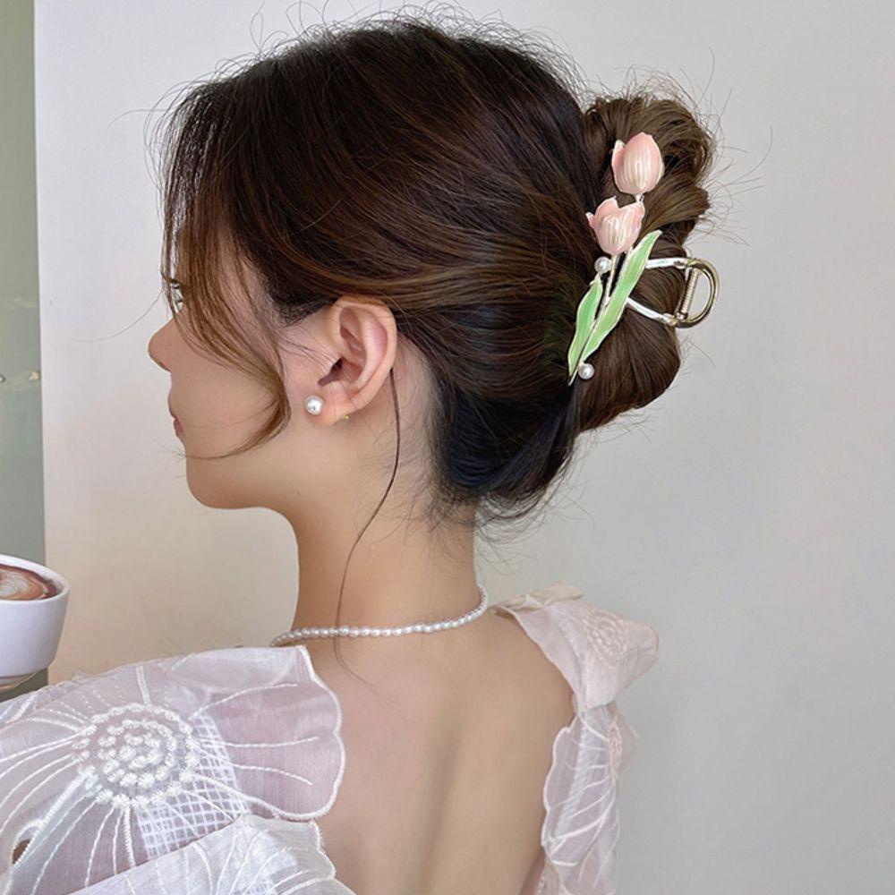 NEEDWAY Wanita Cakar Rambut Hiasan Kepala Vintage Rambut Jepit Tulip Untuk Perempuan Temperamen Ponytail Clip