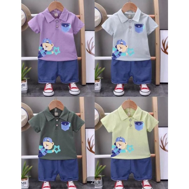 #K042# Setelan Anak Cowok/ Setelan anak laki laki 9 Bulan - 4 Tahun/ Set Kaos Kerah Anak Cowok/ Baju