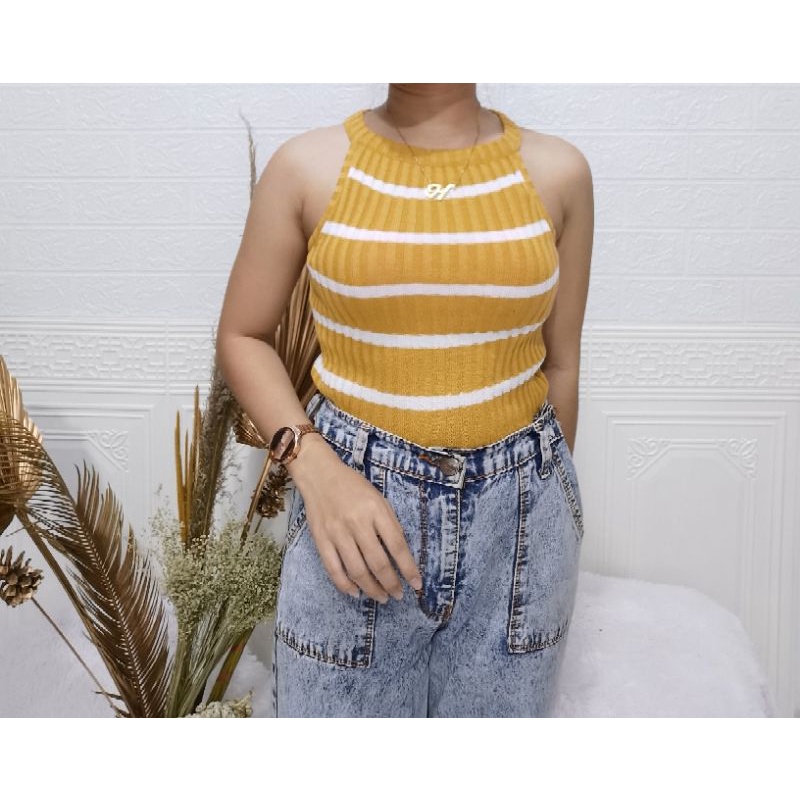 Crop Tee Tanktop Wanita Rajutan Tank top Inner Knit Salur Tebal