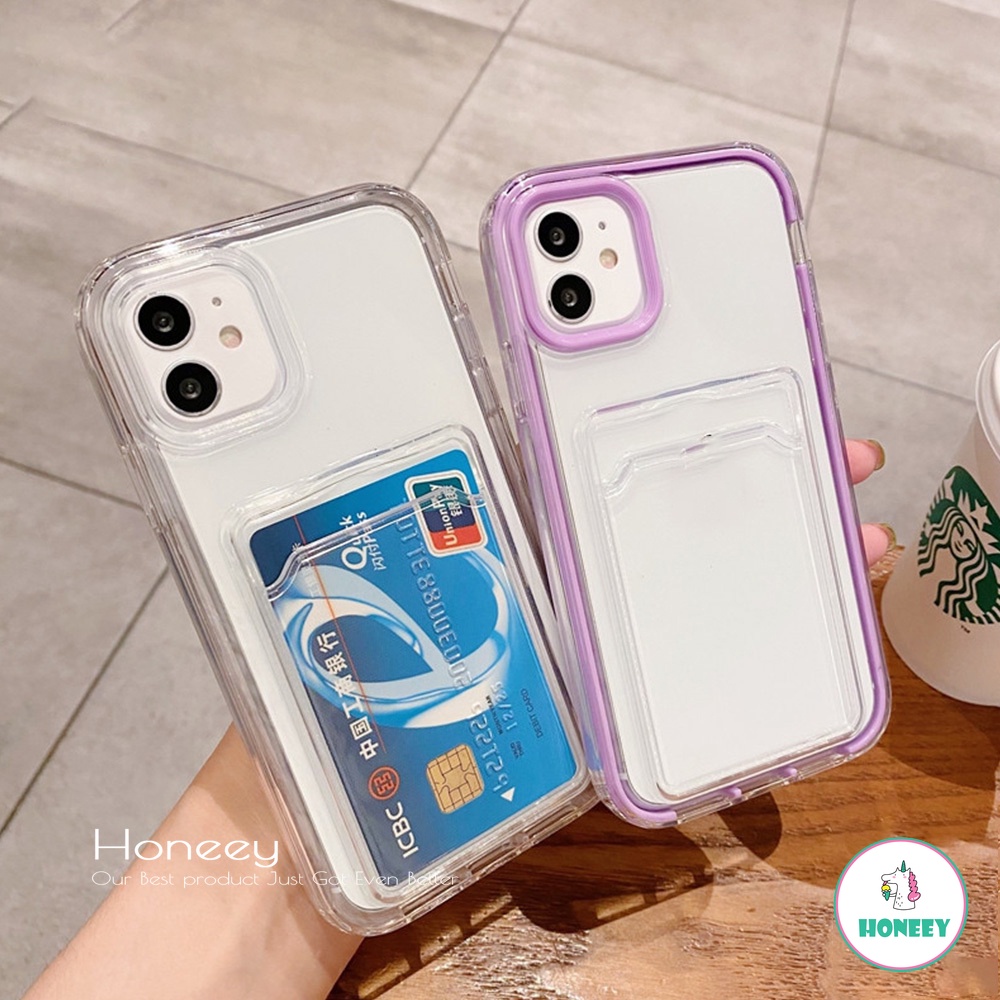 3 In 1 Luxury Candy Color Card Holder Removable Frame Clear Phone Case compatible for IPhone 14 13 12 11 Pro Max X Xs Xr 8 7 Plus Soft TPU Back Cover