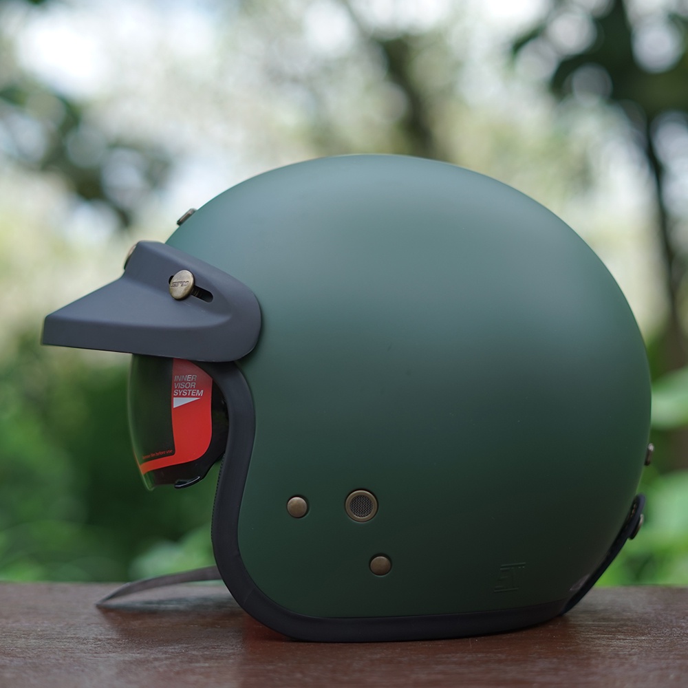 Helm NJS NX-2 NX2 Original Dewasa Premium Retro Inner Visor Paket Kaca Datar Atau Cembung-Hijau Army Doff