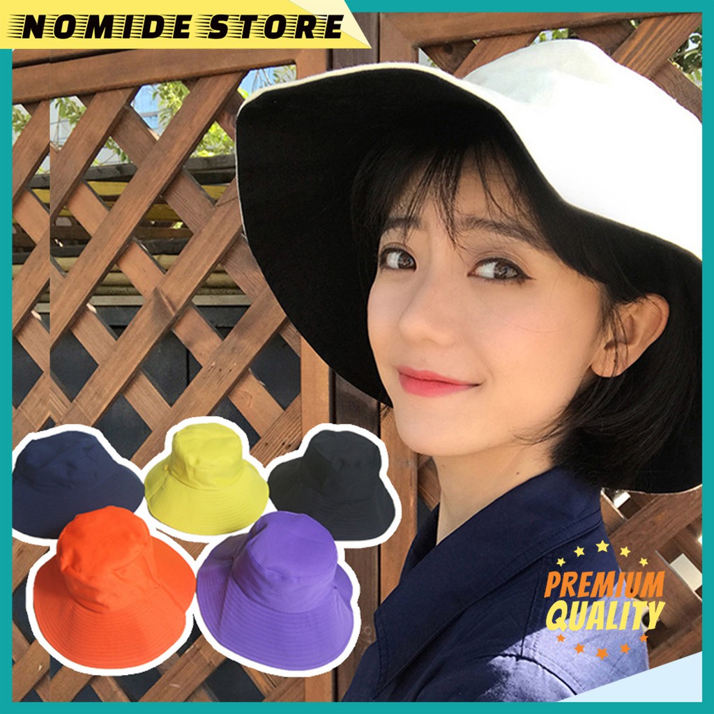 Topi Bucket Polos Wanita Bolak Balik 2 Warna Cotton Import Fashion Korea Bucket Hat Tali Dewasa ZK
