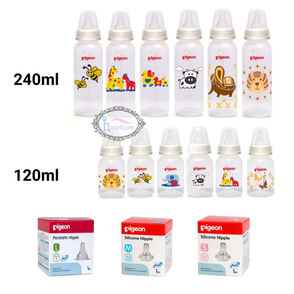 Pigeon Peristaltic Standard Round Botol / Premium PP Clear 120ml Slim Neck Bottle Round Base / Dot Nipple Bayi Silicone Silikon Peristaltic Slimneck Slim neck S M L isi 1 pc SATUAN