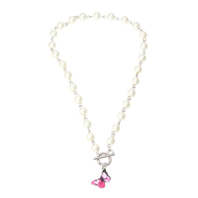 LRC Kalung Fashion White Chain Pearl Drop Oil Butterfly Multilayer K45803
